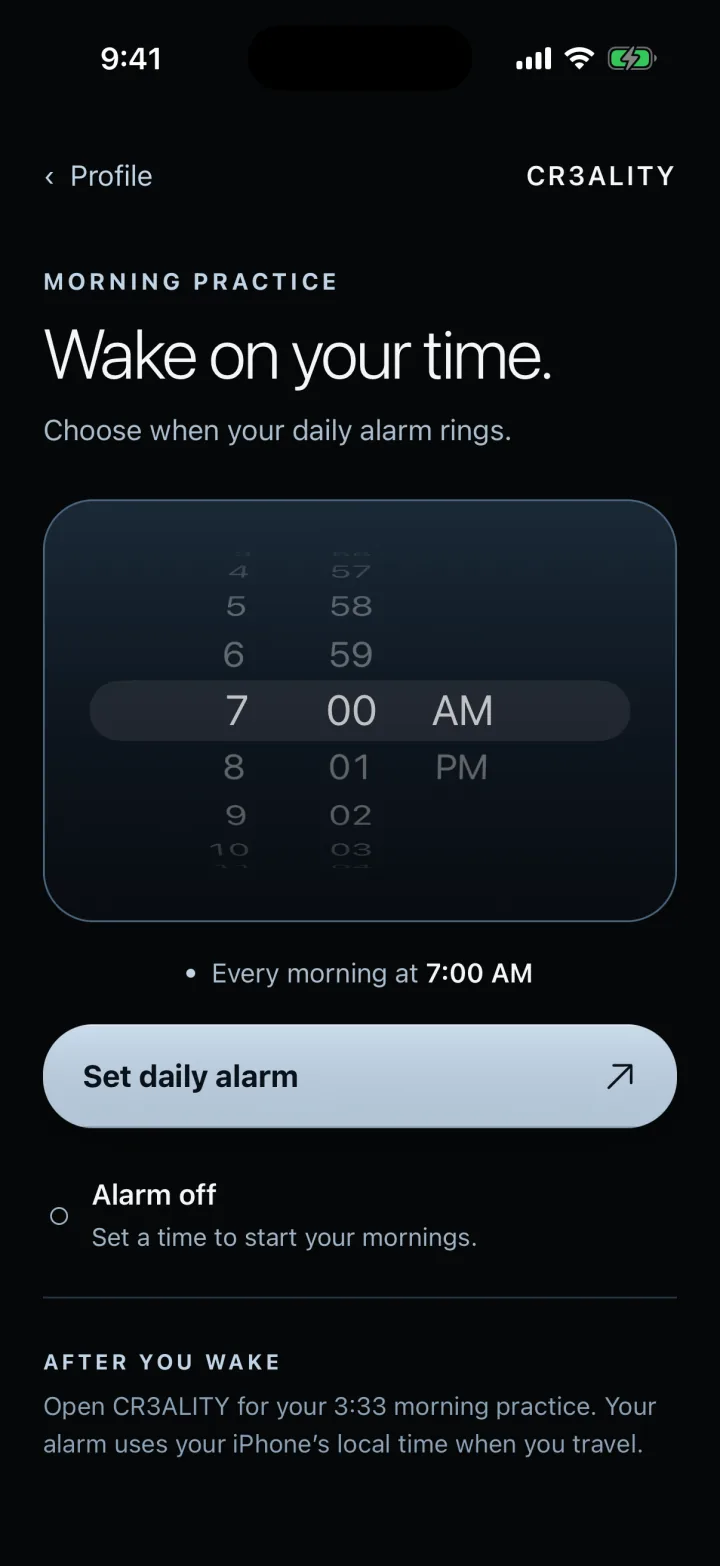 CR3ALITY wake alarm screen with a time-selection wheel