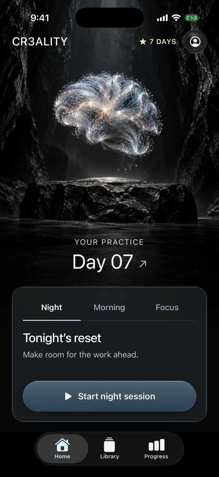 CR3ALITY home screen showing a seven-day practice streak and a night session