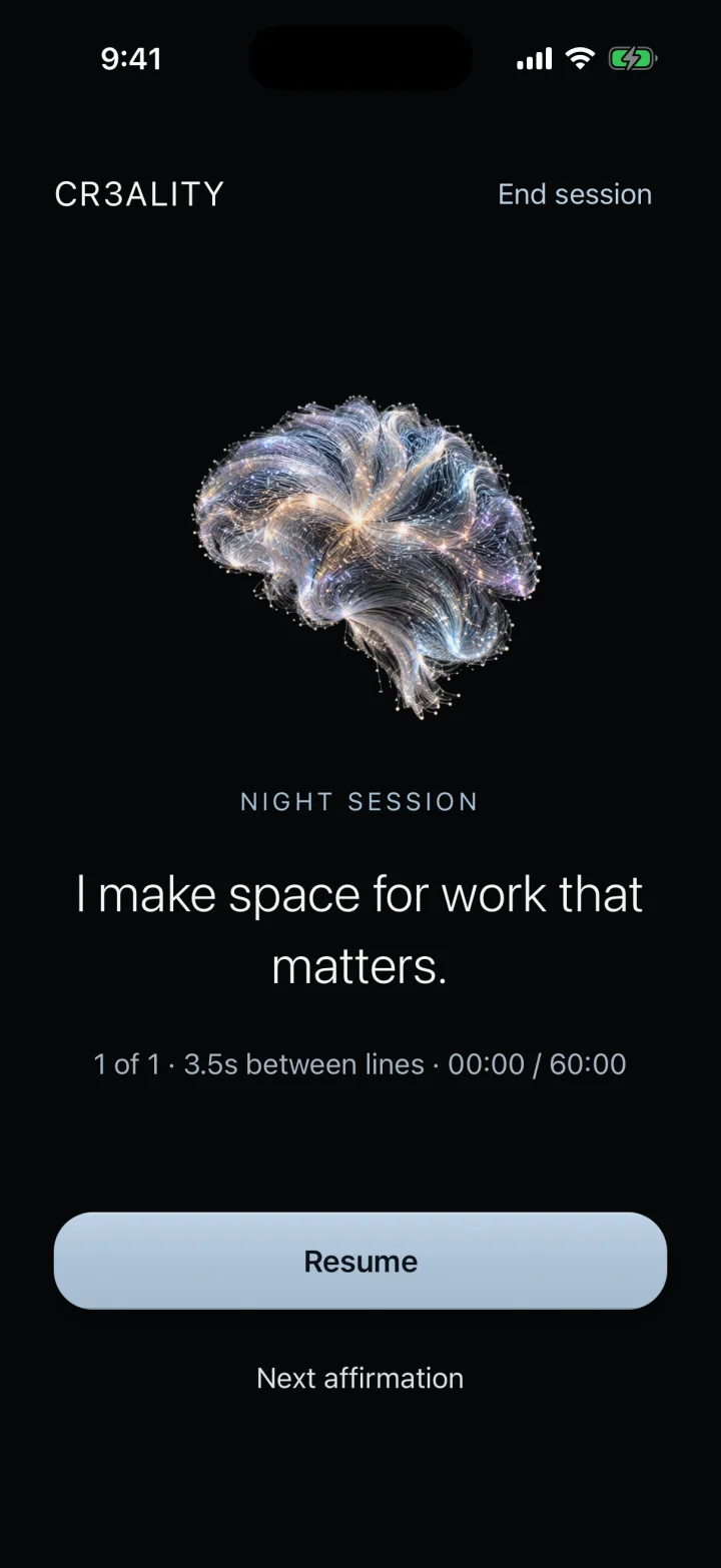 CR3ALITY listening screen showing an affirmation and session controls